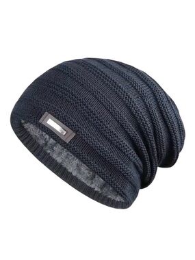 Navy Blue Knitted Beanie with Plush Fleece Lining